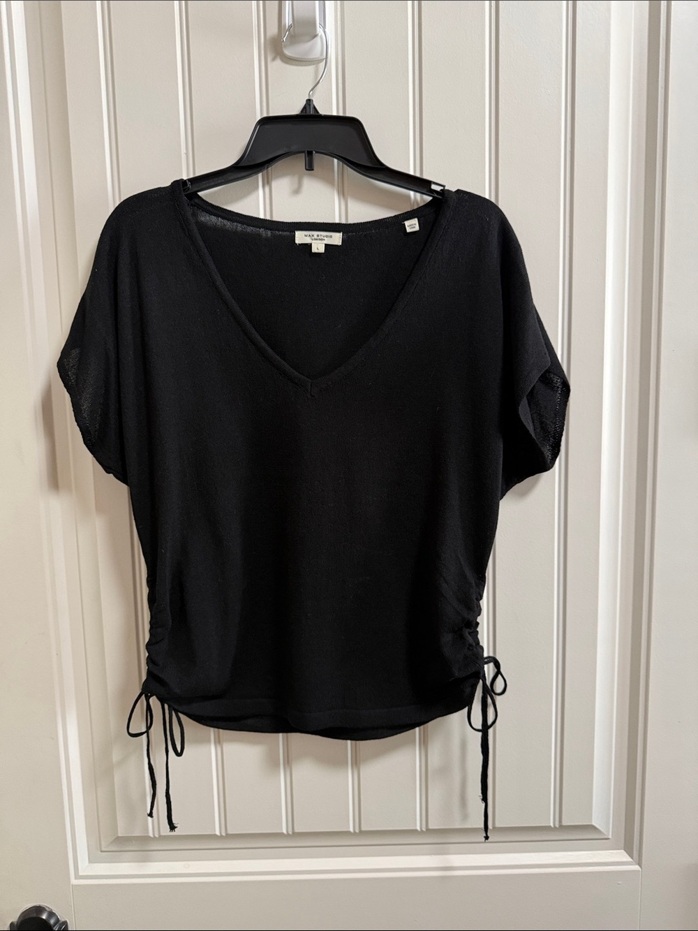 Max Studio Black V-Neck Short Sleeve Top with Side Ties
